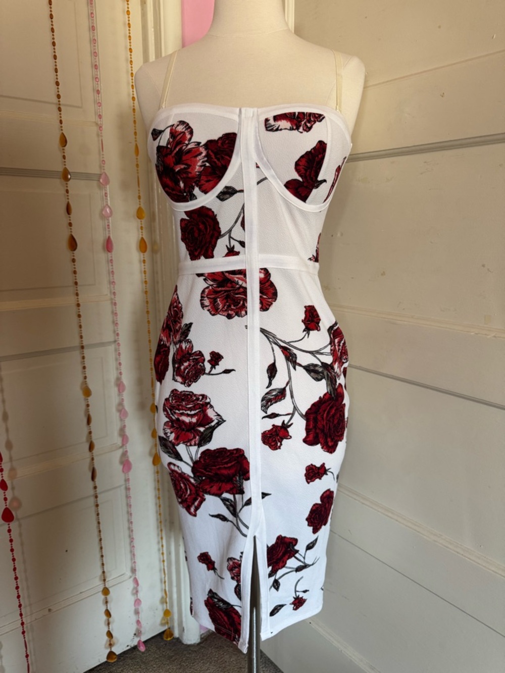 Material Girl White Red Rose Floral Bustier Midi Dress Bodycon Size M